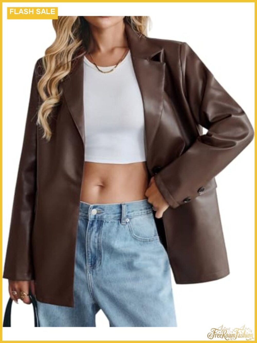 Faux Leather Blazer Jacket Oversized Button Down Notch Lapel Coat